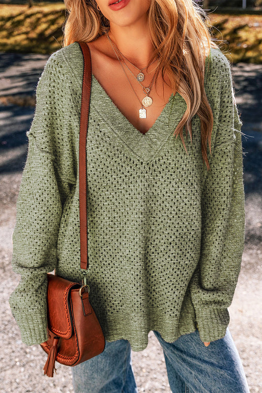 Cozy Chic V-Neck Eyelet Sweater – Light Grey