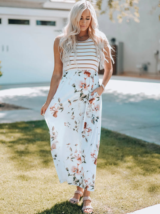 Striped Floral Print Sleeveless Maxi Dress with Pocket