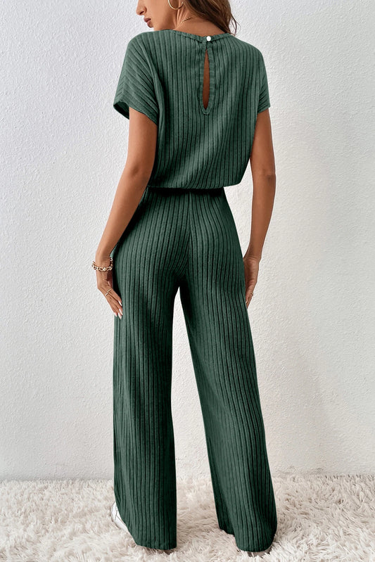 Ribbed Keyhole Short Sleeve Wide Leg Jumpsuit