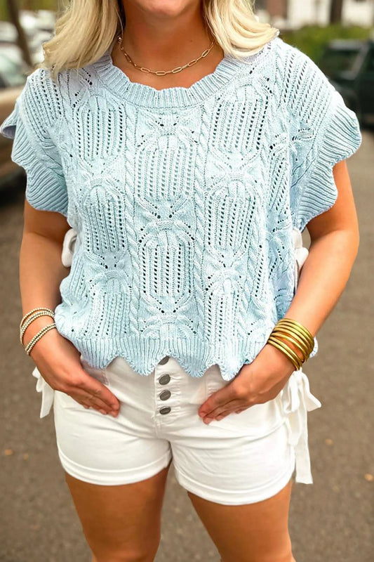 Pointelle Knit Patterned Scalloped Trim Short Sleeve Sweater