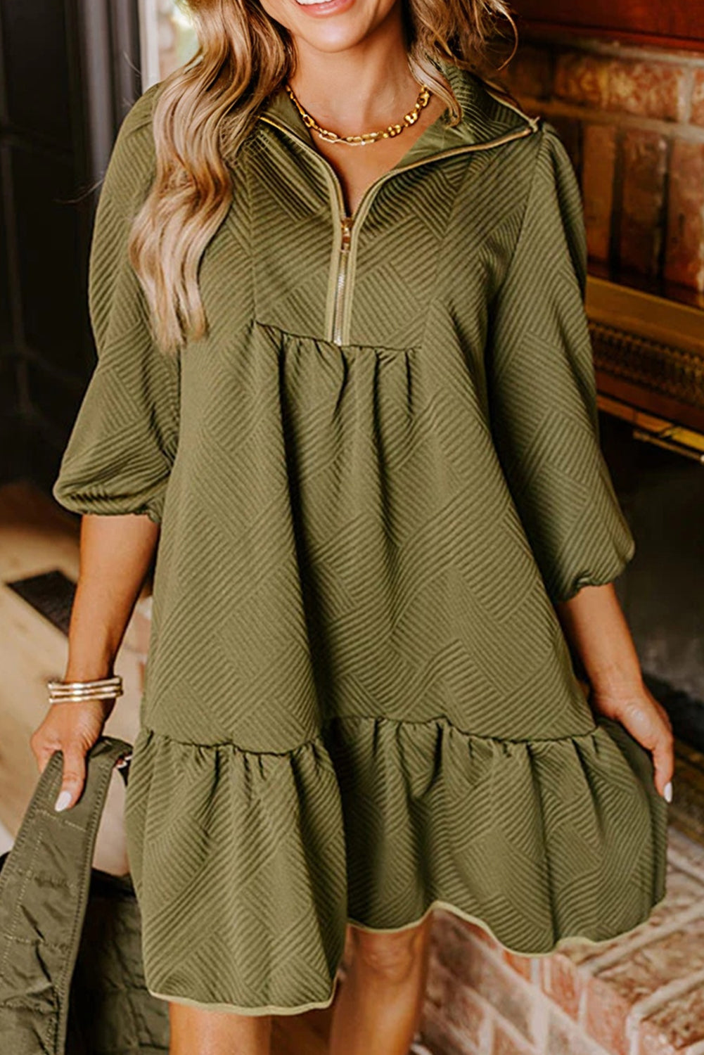 Olive Chic Textured Zip Dress