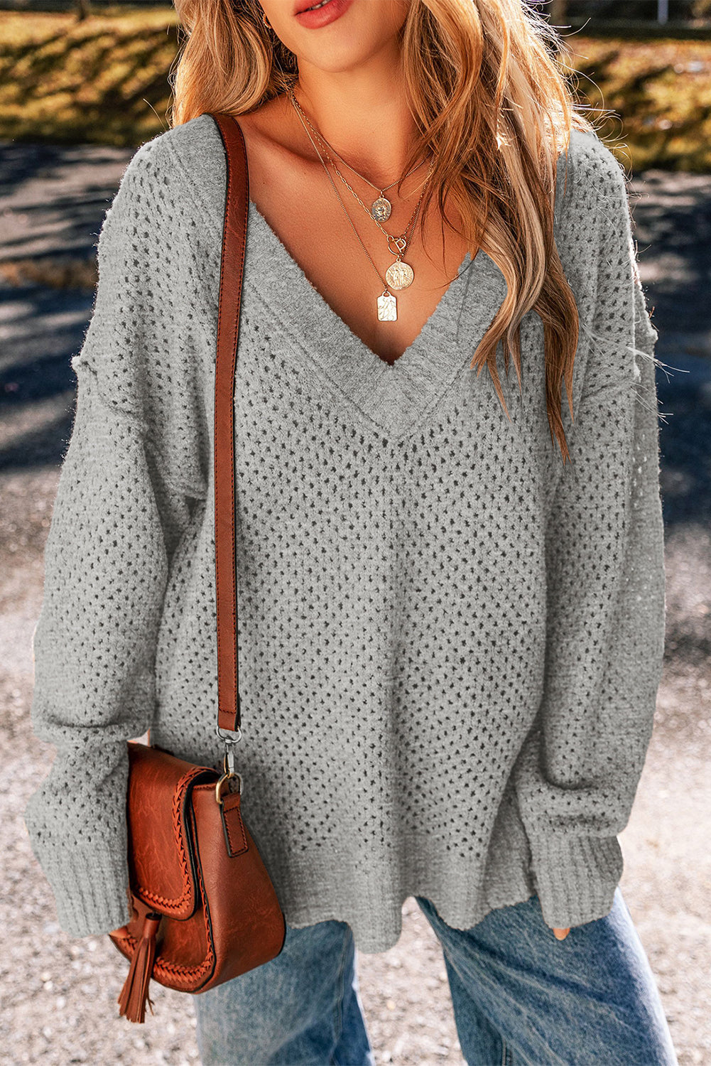 Cozy Chic V-Neck Eyelet Sweater – Light Grey