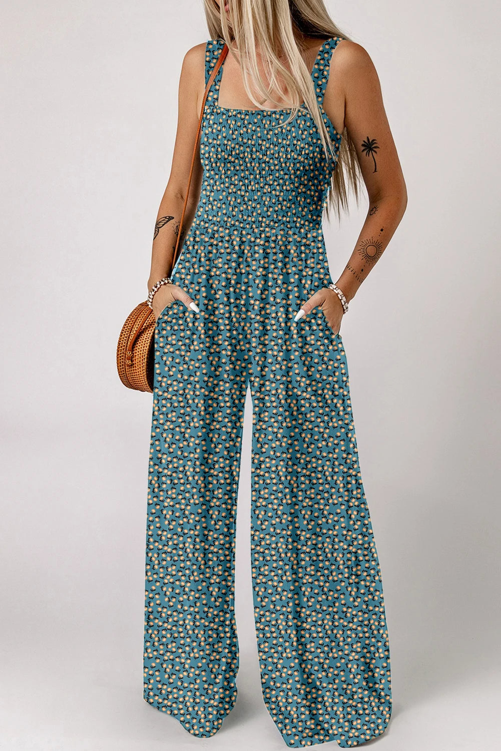 Ladies/ Curvy Floral Print Smocked High Waist Square Neck Jumpsuit