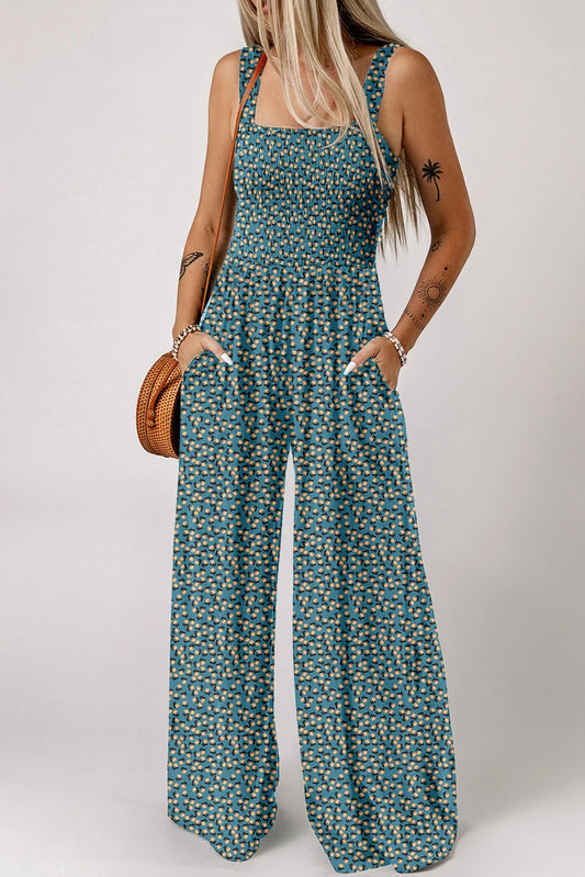 Ladies/ Curvy Floral Print Smocked High Waist Square Neck Jumpsuit