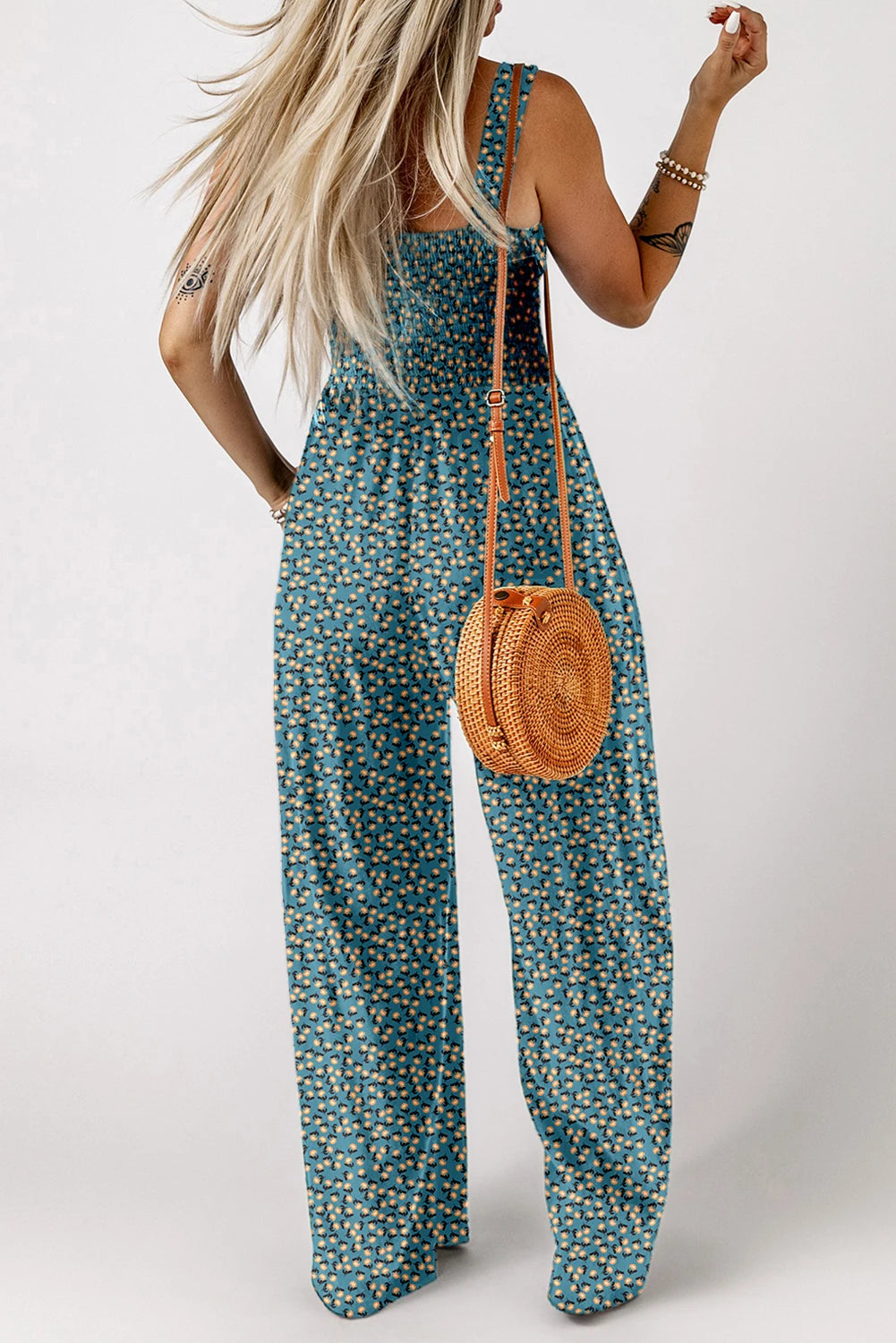 Ladies/ Curvy Floral Print Smocked High Waist Square Neck Jumpsuit